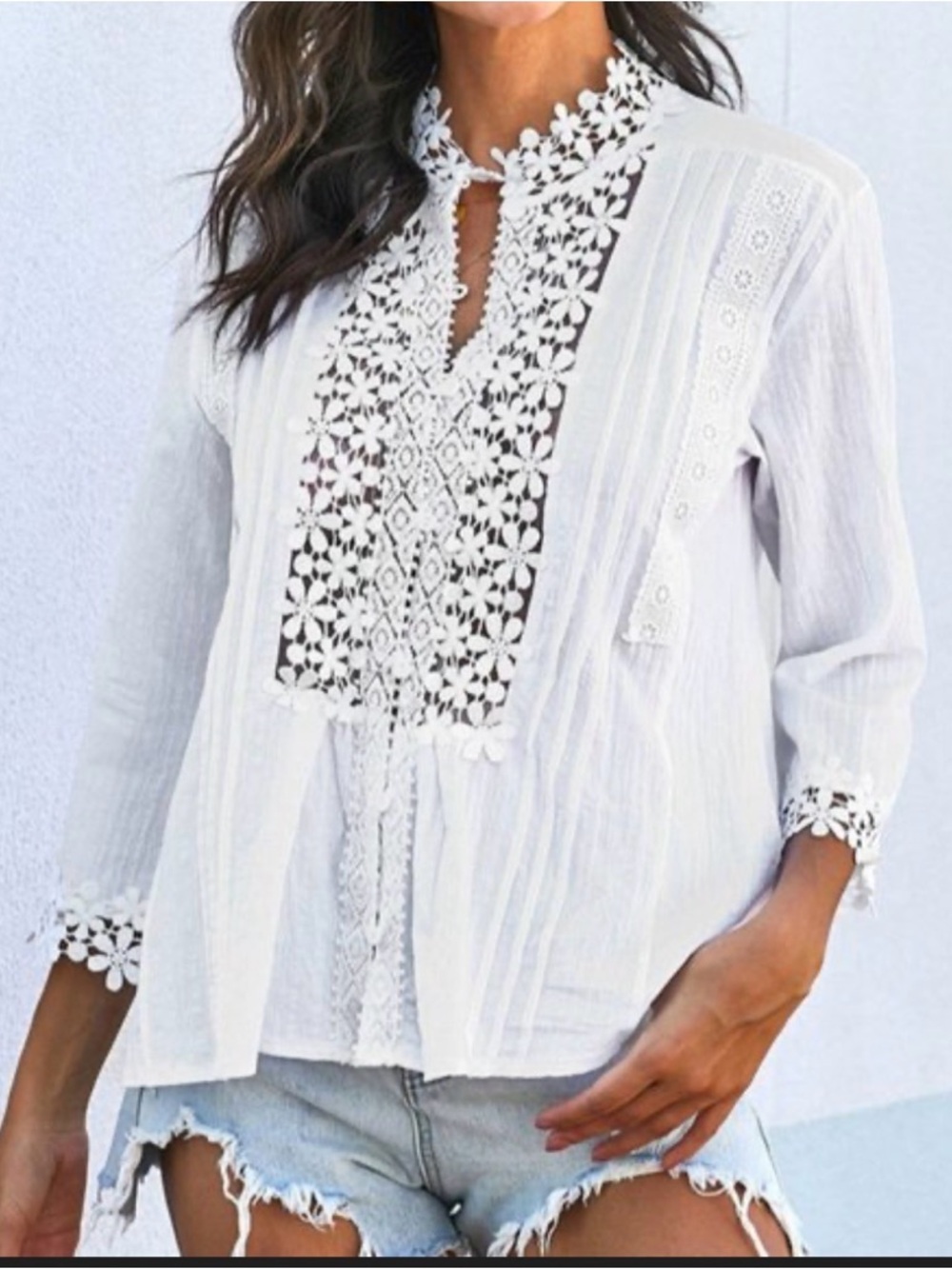 White Floral Crochet Button-Front Women's Top